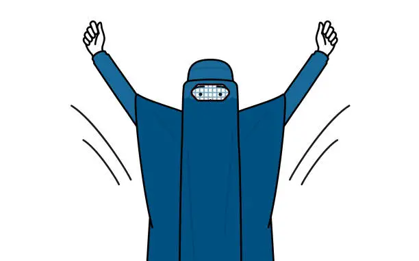 Vector illustration of Muslim woman in burqa doing radio calisthenics, preparation for accident prevention