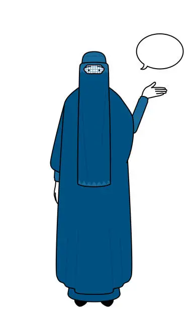 Vector illustration of Muslim woman in burqa giving directions, with a wipeout.
