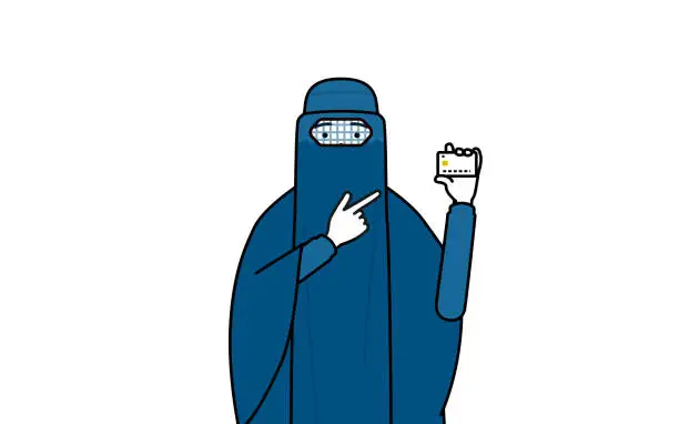 Vector illustration of Muslim woman in burqa recommending credit card payment.