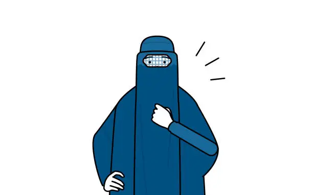 Vector illustration of Muslim woman in burqa tapping her chest.