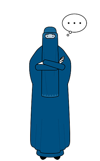 Muslim woman in burqa with crossed arms, deep in thought.