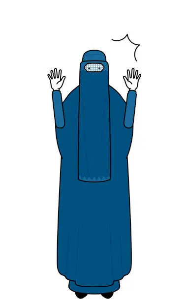 Vector illustration of Muslim woman in burqa raising her hand in surprise.