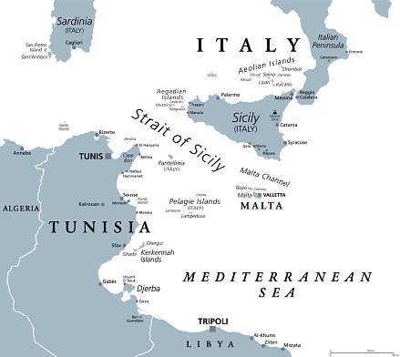istock Strait of Sicily, also called Sicilian Channel, gray political map 1693429059