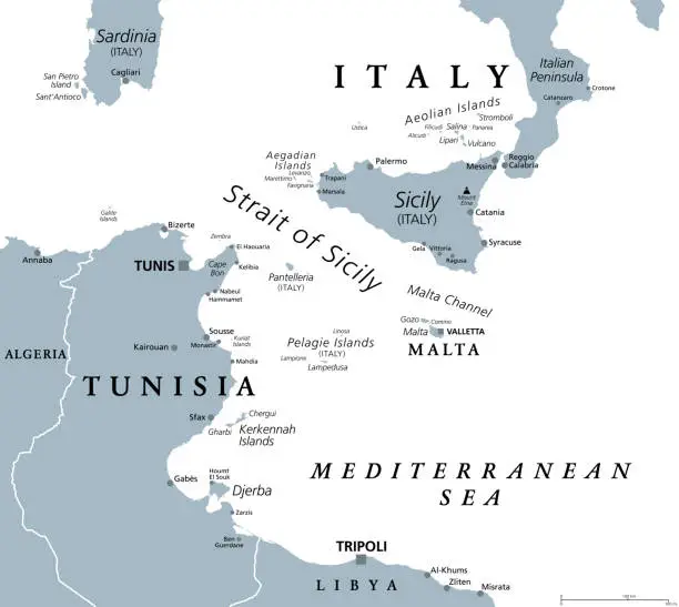 Vector illustration of Strait of Sicily, also called Sicilian Channel, gray political map