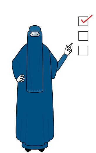 Muslim woman in burqa pointing to a checklist.