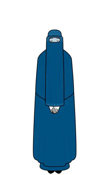 Vector illustration of Muslim woman in burqa bowing with folded hands.