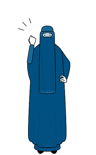 Muslim woman in burqa posing with guts.