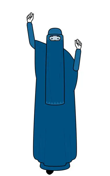 Vector illustration of Muslim woman in burqa smiling and jumping.