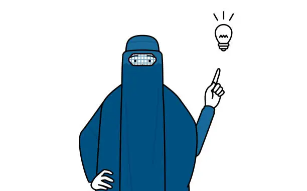Vector illustration of Muslim woman in burqa coming up with an idea.