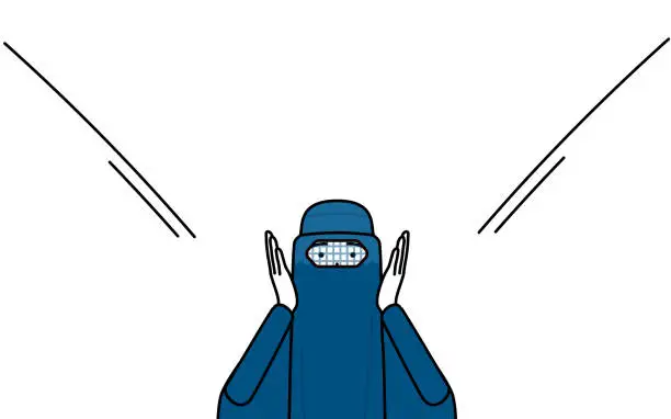 Vector illustration of Muslim woman in burqa calling out with her hand over her mouth.