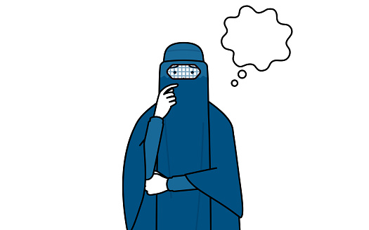 Muslim woman in burqa thinking while scratching her face.