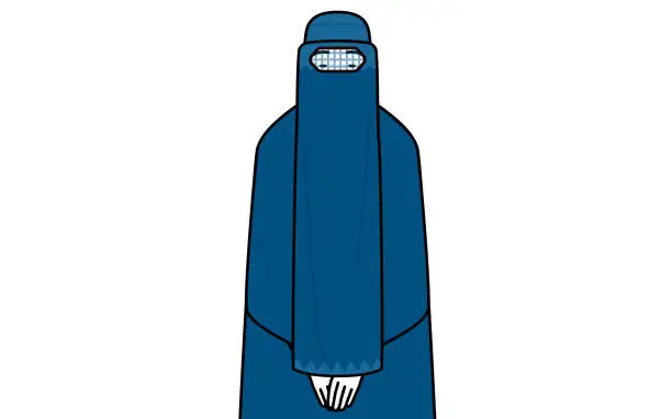 Vector illustration of Muslim woman in burqa bowing with folded hands.