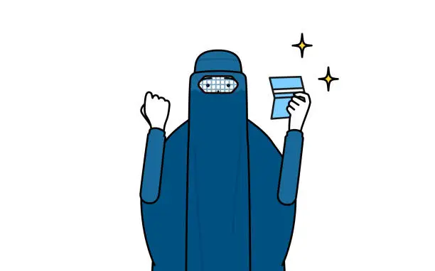 Vector illustration of Muslim woman in burqa who is pleased to see a bankbook.