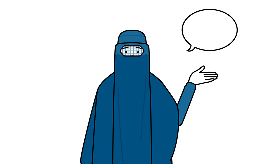 Muslim woman in burqa giving directions, with a wipeout.