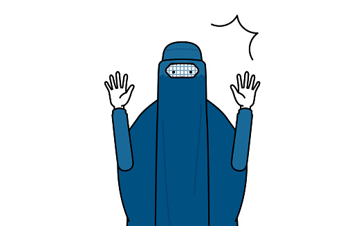 Muslim woman in burqa raising her hand in surprise.