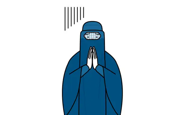 Vector illustration of Muslim woman in burqa apologizing with her hands in front of her body.