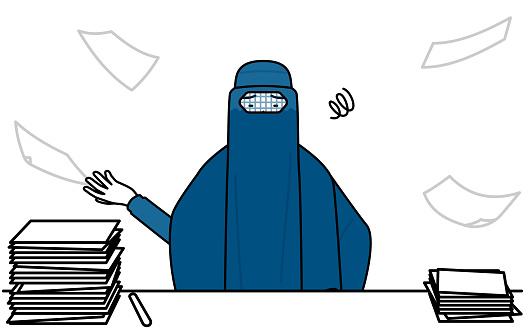 Muslim woman in burqa who is fed up with her unorganized business.