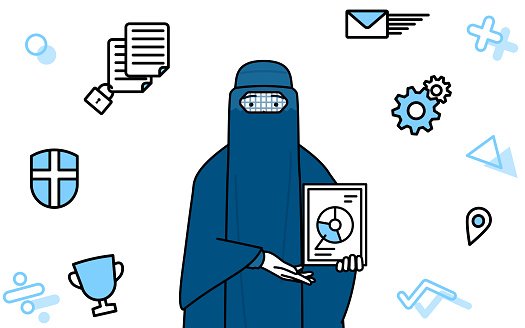 Image of DX, Muslim woman in burqa using digital technology to improve her business