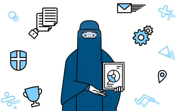 Vector illustration of Image of DX, Muslim woman in burqa using digital technology to improve her business