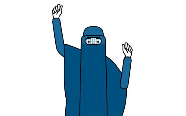 Vector illustration of Muslim woman in burqa smiling and jumping.