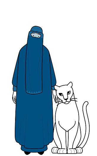 Muslim woman in burqa is Petting a pet lioness