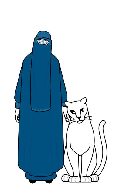 Vector illustration of Muslim woman in burqa is Petting a pet lioness