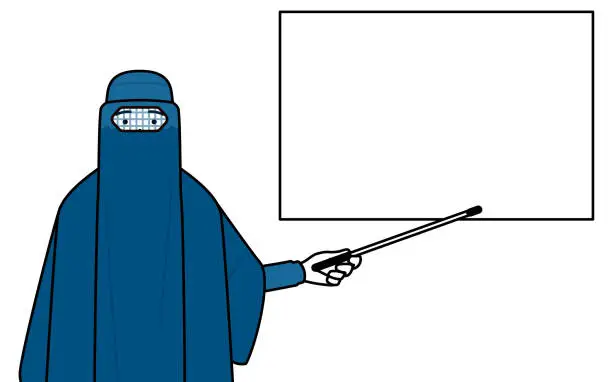 Vector illustration of Muslim woman in burqa pointing at a whiteboard with an indicator stick.