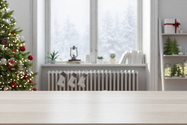 istock Empty Wooden Surface With Blurred Christmas Tree And Window Background 1693430127