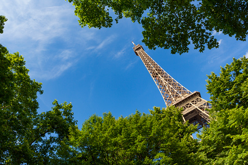View from beneath the Eifel Tower in Paris, France.
