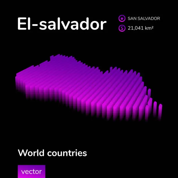 Vector illustration of El-salvador 3D map. Vector digital neon isometric striped map. Geographical poster, banner of El-salvador