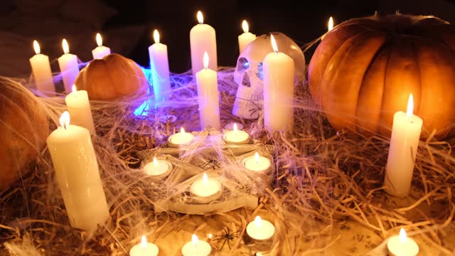 Traditional pumpkins, mysterious pentagram, burning candles and old skull in cobweb, among dry grass