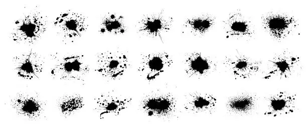 Vector illustration of Splashes of ink paint with drops, set.  Vector illustration