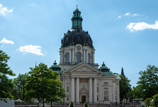 Gustaf Vasa Church religious destination Stockholm, Sweden. Gustaf Vasa Kyrka, Cathedral Temple at Vasastaden district, blue sky background.