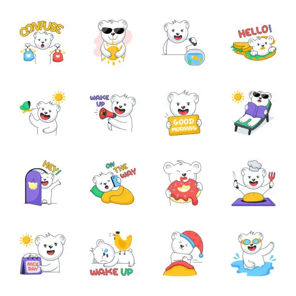 Vector illustration of Cute Morning Bear Character Flat Stickers