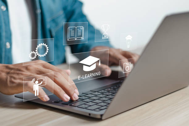 istock E-learning concept. Education internet Technology. Education on internet, Person who attends online lessons on a digital screen. 1693444468