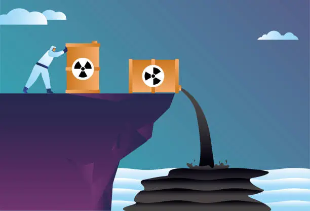 Vector illustration of Workers dump nuclear wastewater into the sea