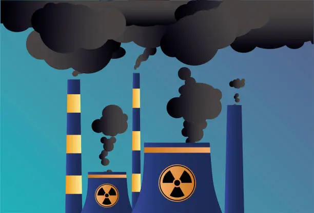 Vector illustration of Nuclear power plant exhaust gas pollutes the environment
