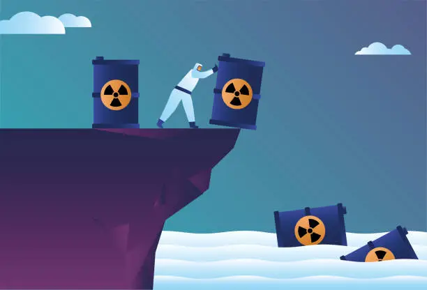 Vector illustration of Workers pushed nuclear wastewater into the sea, polluting the environment