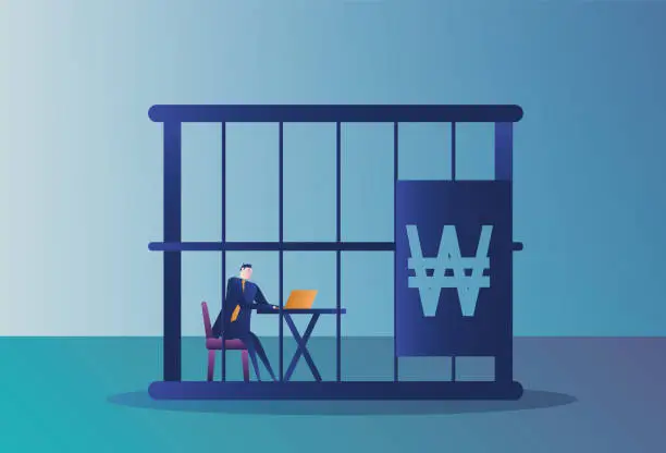 Vector illustration of White-collar workers who work in a cage of won, slaves of money