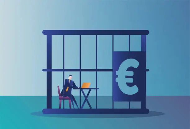 Vector illustration of White-collar workers working in a euro cage are slaves to money.