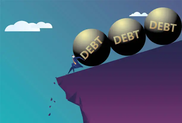 Vector illustration of The business man worked hard to support the debt and prevent the iron ball of debt from falling off the cliff.