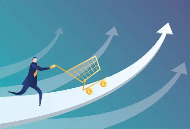 Vector illustration of Business man pushing shopping cart walking on arrow, economy rising.