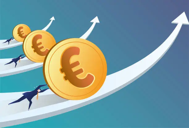 Vector illustration of People are trying to push the euro forward on the arrow, the currency is appreciating