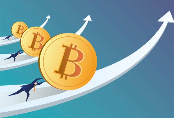 Vector illustration of People are trying to push Bitcoin forward on the arrow, and the currency appreciates.