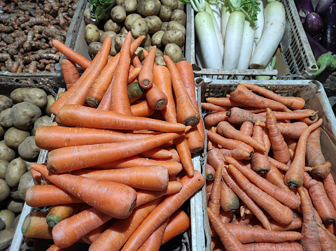 Carrots are sold in local markets in Bangli, Bali, Indonesia