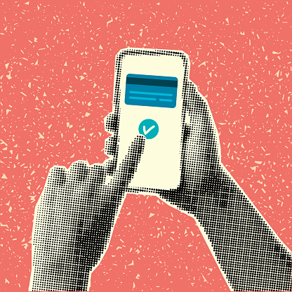 Halftone collage of hands holding a phone. Fashionable retro banner, online shopping, wallet in phone, applications. Elements cut from a magazine.