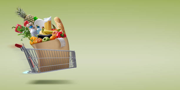 istock Fast flying shopping cart delivering groceries 1693461311