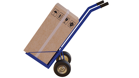 Wheelbarrow handcart full of boxes isolated on white background. 3D illustration with clipping path