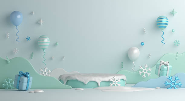 istock Winter display podium decoration background with balloon, snowflakes, gift box, copy space text, 3D rendering illustration 1693468923