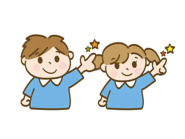 Vector illustration of Hope for tomorrow_Boy and girl pointing towards the sky_Siblings of nursery school children